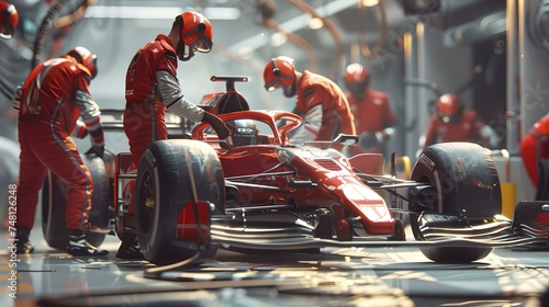 Dynamic pit stop scene with racing team and formula car in action. fast-paced motorsport maintenance. professional crew at work. AI photo