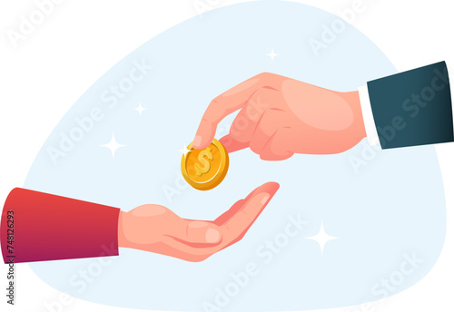 concept of donation or assistance, hand extends gold coin to another