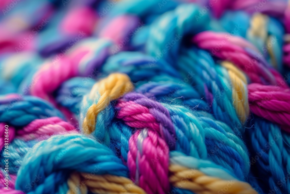 Detailed closeup of crochet stitch texture in yarn fabric
