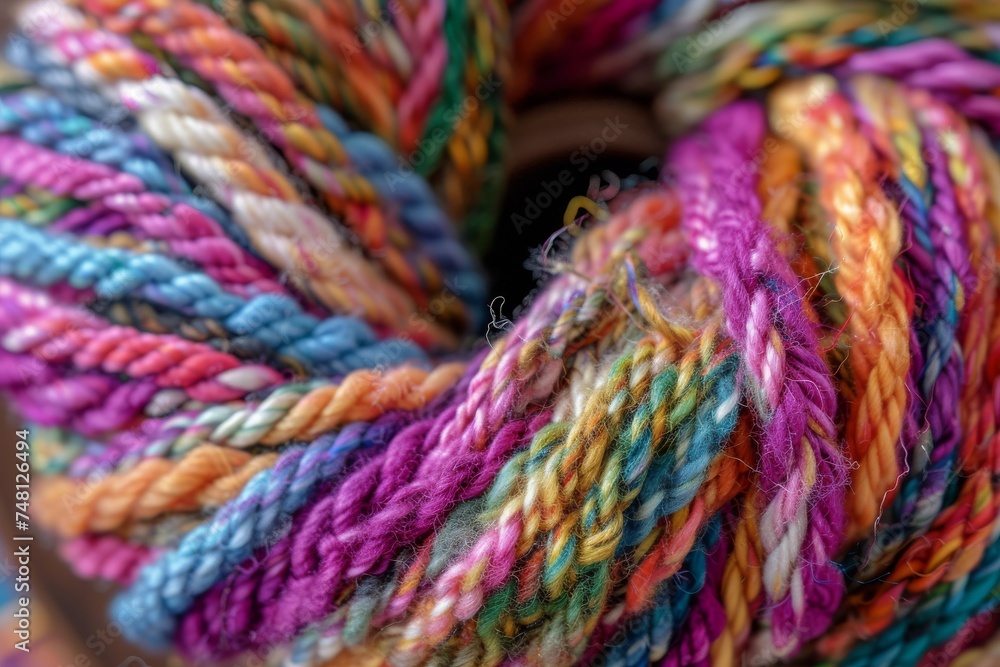 Detailed closeup of a vibrant mix of organic handspun yarn made from merino sheep wool silk and linen spun on a traditional wheel