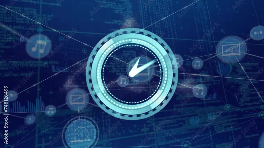 Animation of clock over network of connections with icons and data processing Animation of clock over network of connections with icons and data processing