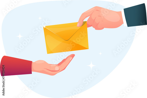 hand holds out yellow envelope with letter to another, concept of receiving message, news 
