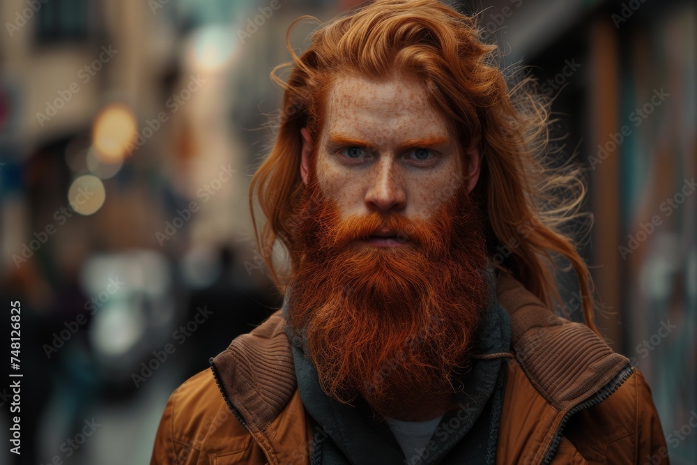 Fashionable hipster with red hair and beard living on the street
