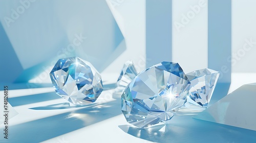 Sparkling artificial crystals on a blue background with sunlight and shadows. modern minimalistic design. ideal for luxury branding. AI