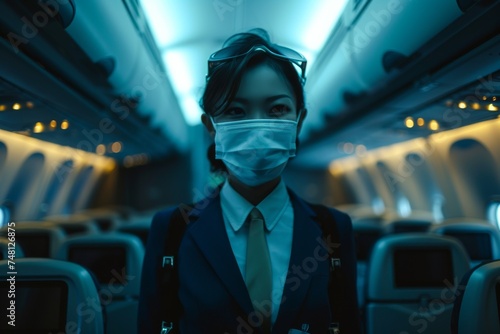 Female flight attendant wearing a face mask boards plane for international travel amidst the coronavirus pandemic photo