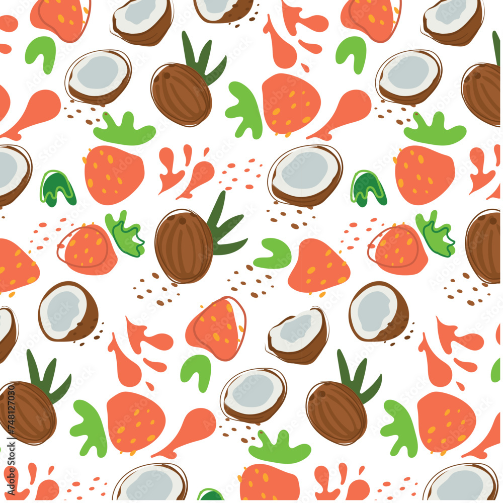Abstract pattern with strawberry and coconut pattern in flat style. Fresh Seamless pattern. Vector background. Summer time print. For vape, juice or ice cream background. Abstract pattern with strawberry and coconut pattern in flat style. Fresh Seamless pattern. Vector background. Summer time print. For vape, juice or ice cream background.