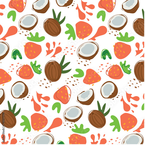 Fototapeta Naklejka Na Ścianę i Meble -  Abstract pattern with strawberry and coconut pattern in flat style. Fresh Seamless pattern. Vector background. Summer time print. For vape, juice or ice cream background.