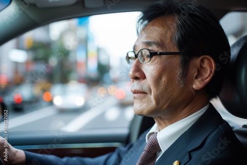 Focused on selective Japan taxi driver suit driving