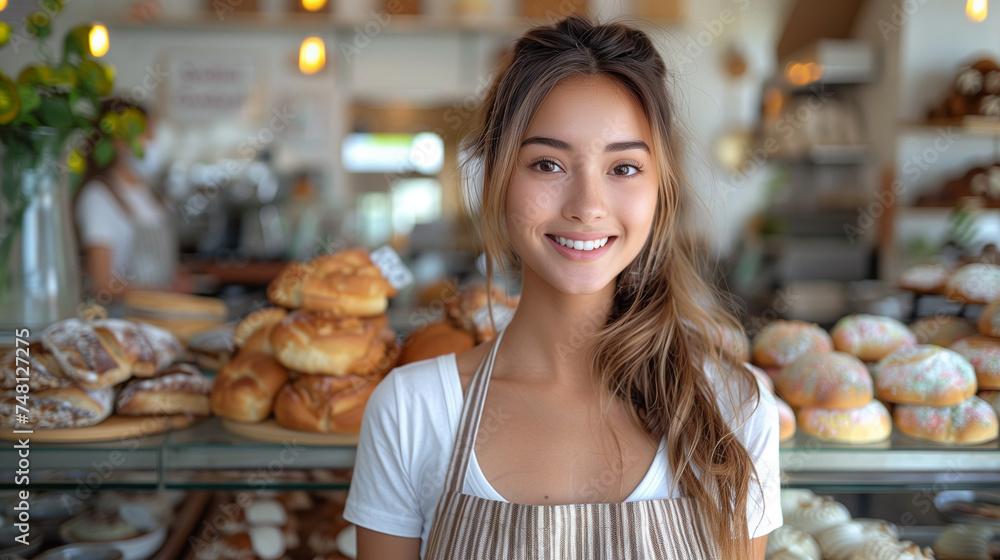 Startup small business owner female baker entrepreneur standing in front of bakery shop. Startup small business owner female baker entrepreneur standing in front of bakery shop.