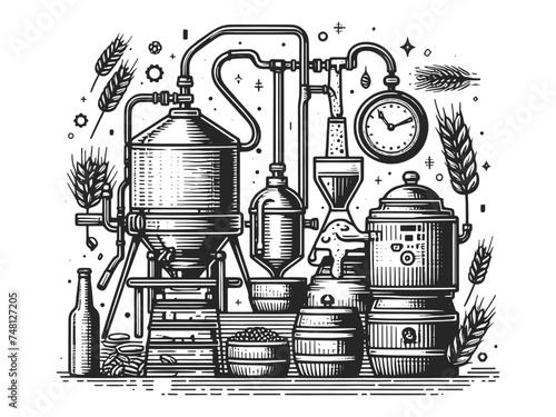 Beer brewing process factory equipment with beer brewing elements and grains. Sketch engraving generative ai vector illustration. Scratch board imitation. Black and white image.