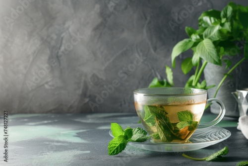 Glass cup with fresh mint leaves alternative medicine healthy hot drink