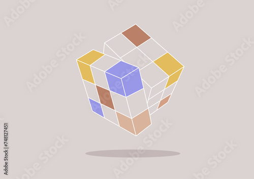 A riddle Cube hovers in mid-twist, colors partially aligned