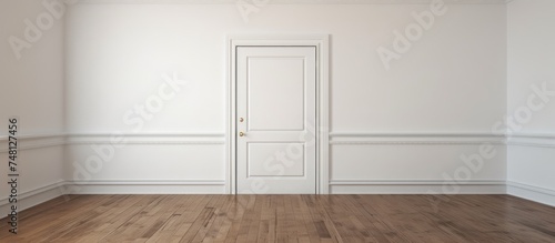 A simple room devoid of furnishings, featuring a white door set against the background of worn hardwood flooring.