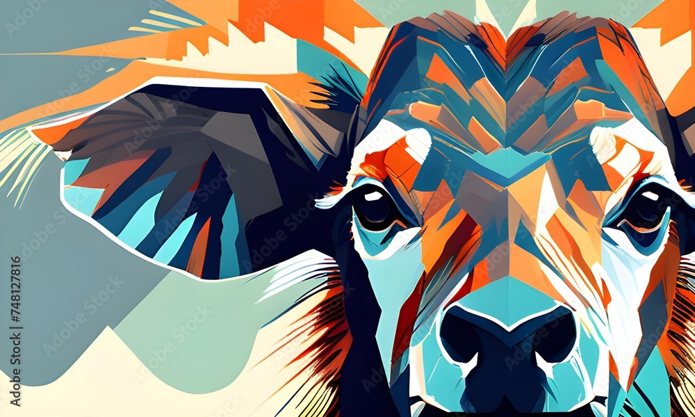 a closeup photo illustration of a cartoon stylish cow with  mixed color patterns  =AI generated illustration