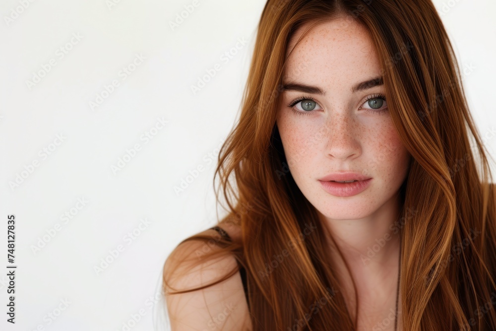 Fototapeta premium Gorgeous lady with lengthy straight brown hair against a white backdrop