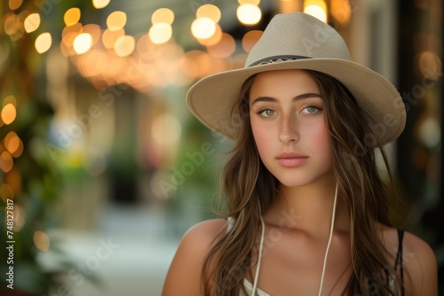 Gorgeous woman in a hat at an outdoor courtyard © LimeSky