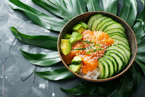 Healthy organic Hawaiian salmon poke bowl with avocado cucumber rice sesame seeds served in a bowl on tropical leaves