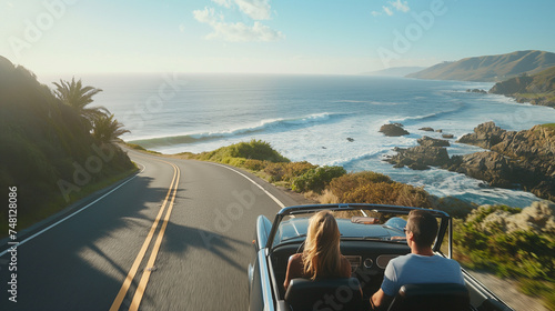 Happy couple love and family drive a classic car with amazing sea ocean and beach view from road along the sea in summer road trip in holiday
