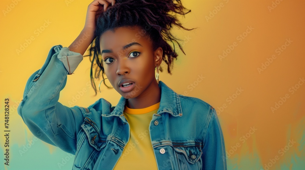 Capture the expression of awe on a casually dressed female with stylish clothing, combing her hair. Create a portrait shot against a colorful background Capture the expression of awe on a casually dressed female with stylish clothing, combing her hair. Create a portrait shot against a colorful background