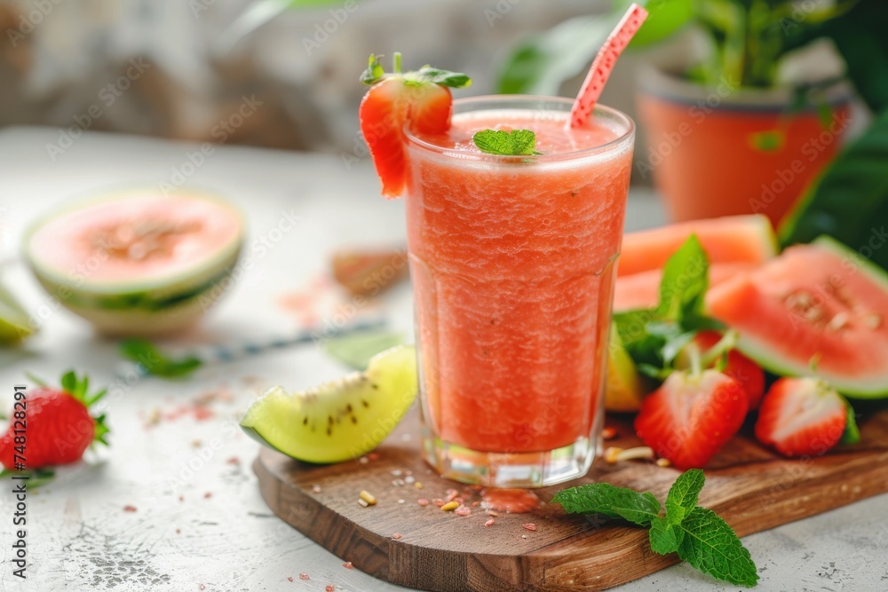 Melon smoothie on white table with glass Melon smoothie on white table with glass