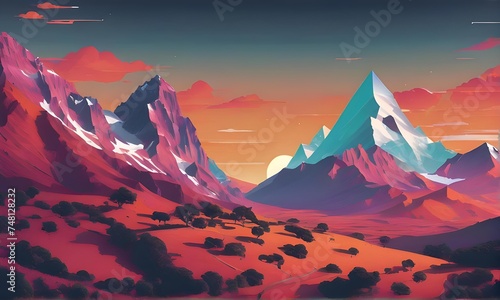 a closeup photo illustration of a wasteland with a mountain range in cartoon style =AI generated illustration photo