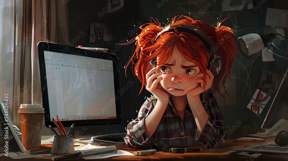 Red-Haired animated girl procrastinating at a messy desk with a computer. digital art illustration depicting everyday life. AI