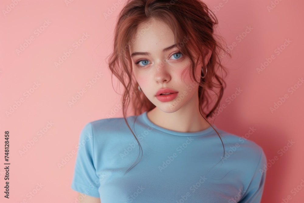 Photo of amazing teenager wearing blue top on pink background Photo of amazing teenager wearing blue top on pink background