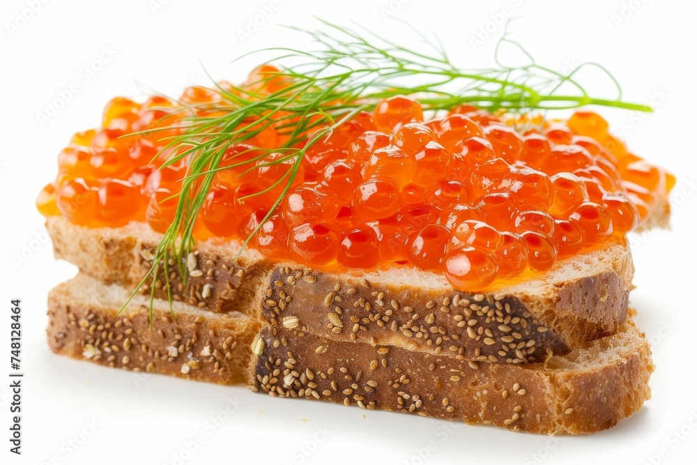 Red caviar sandwich with salted salmon and fennel on white background Red caviar sandwich with salted salmon and fennel on white background