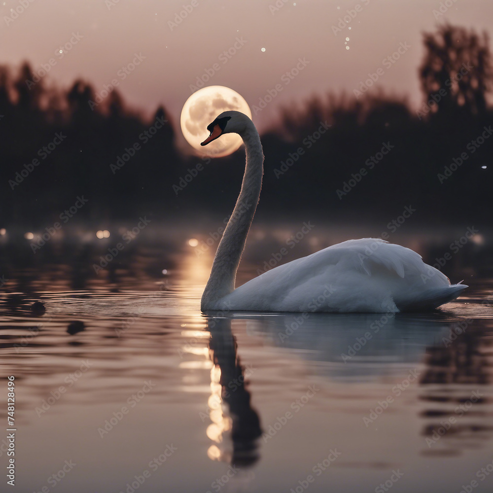 Fototapeta premium Schwan im See bei Vollmond