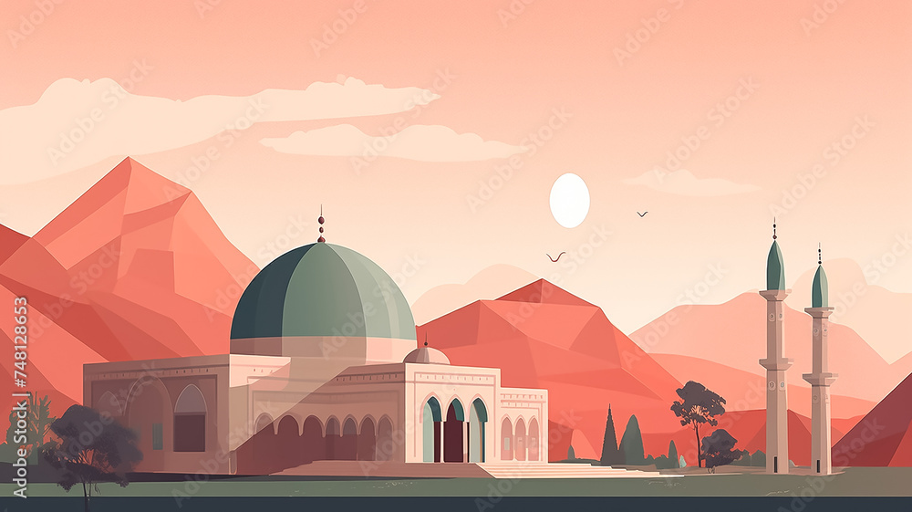 Illustration of a beautiful mosque painting in a very calm and calming place