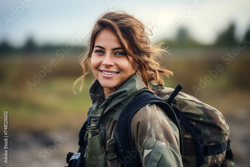 AI generated photo portrait of confident smiling ukrainian girl armed and equipped in the battle field