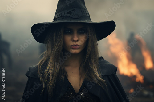 Digital creative generative ai collage of dark girl warlock burning place with magic spell