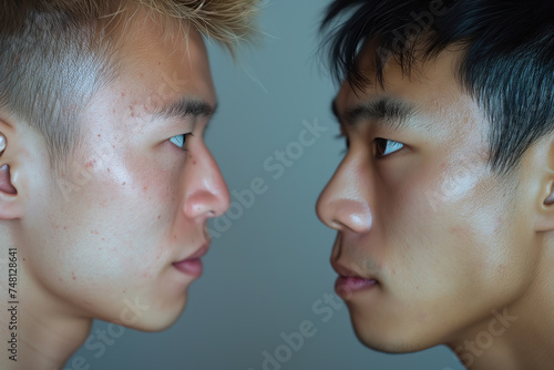 Side view of Asian men's faces facing each other. Confrontation between two people, conflict photo