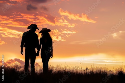 Silhouetted young couple with dramatic sky background man sporting a cowboy hat while woman stands close by