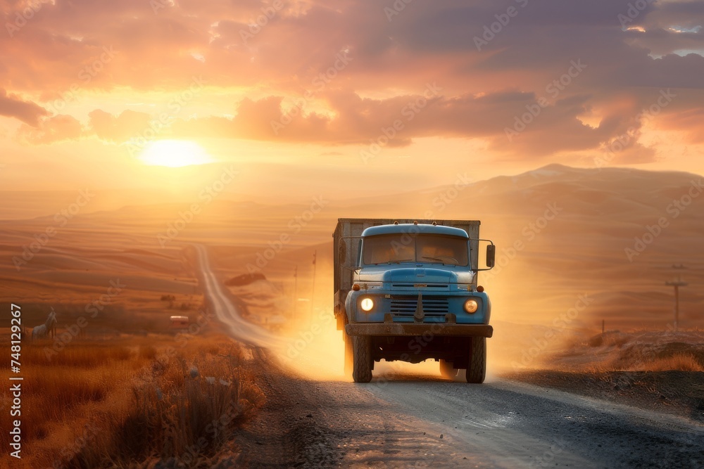 Sunset illuminating rural landscape with blue truck on asphalt road