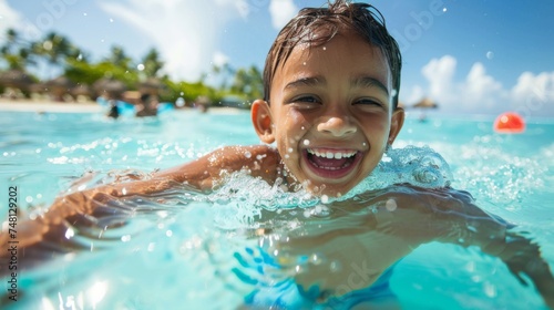 Close-up of a joyful young boy swimming in a pool with a blurred background of a summer resort and people.