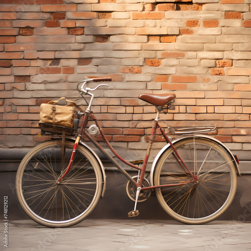 Vintage bicycle leaning against a rustic brick wall