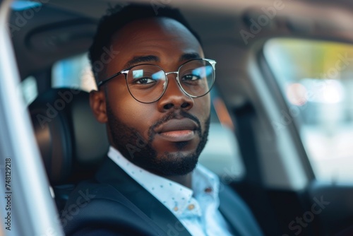 Successful African American businessman driving car with focus on road in portrait