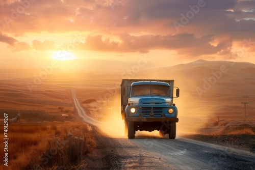 Sunset illuminating rural landscape with blue truck on asphalt road © LimeSky