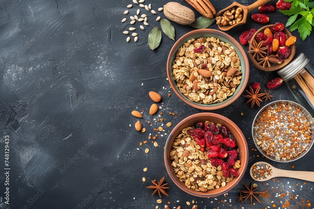 The idea of homemade dishes that are both healthy and delicious such as granola with nuts and dried fruits displayed with the ingredients for its preparation
