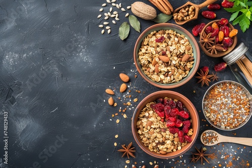 The idea of homemade dishes that are both healthy and delicious such as granola with nuts and dried fruits displayed with the ingredients for its preparation photo