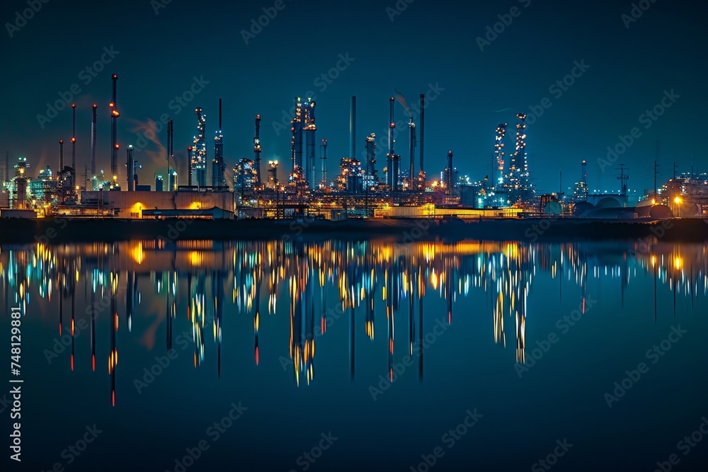 The glow of an oil and gas refinery reflecting on water at night a mirror to energys dualities