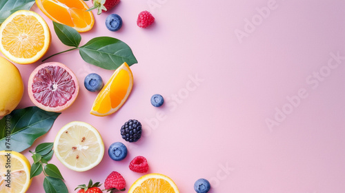 Fruit still life. Strawberries  oranges  lemons  grapefruits and berries on a pink background