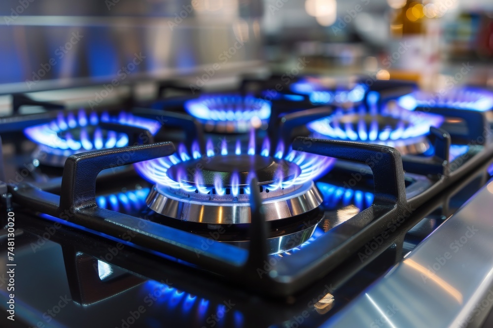 Unused gas stove with stainless tray in retail store for appliances Unused gas stove with stainless tray in retail store for appliances