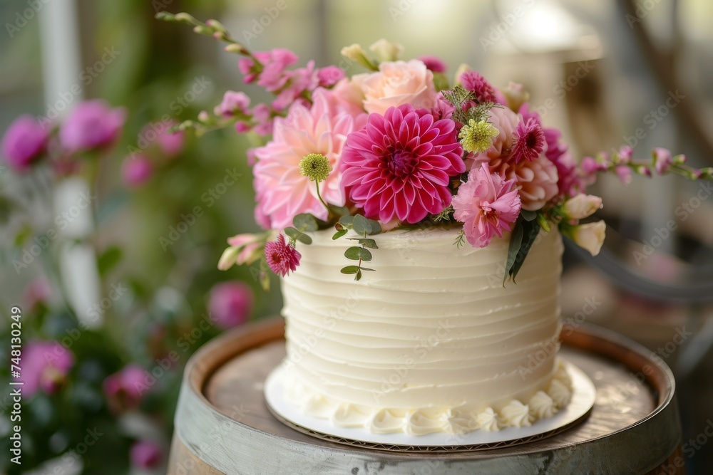 White cake with pink flowers on wooden barrel in close up White cake with pink flowers on wooden barrel in close up