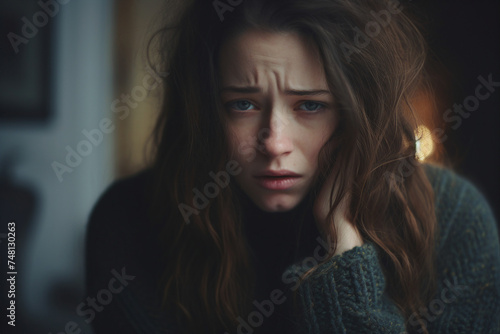 Sad tired or anxious woman suffering from depression and mental health problems generative AI