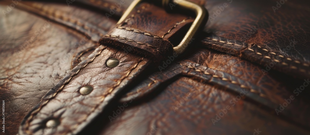 This detailed close-up showcases the intricate fastenings and seams of a vintage brown leather handbag. The worn texture and craftsmanship are evident in the close examination of this accessory. This detailed close-up showcases the intricate fastenings and seams of a vintage brown leather handbag. The worn texture and craftsmanship are evident in the close examination of this accessory.