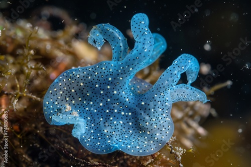 The serene beauty of a blue amoeba floating effortlessly in its aquatic realm