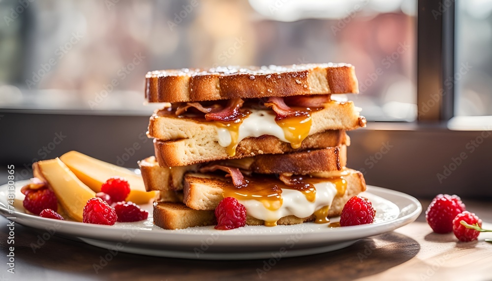 Homemade French toast sandwich with bacon, drizzle with maple syrup on top. With copy space; healthy breakfast concept; sweet and savory concept. white plate. by the window. Daylight. - obrazy, fototapety, plakaty 