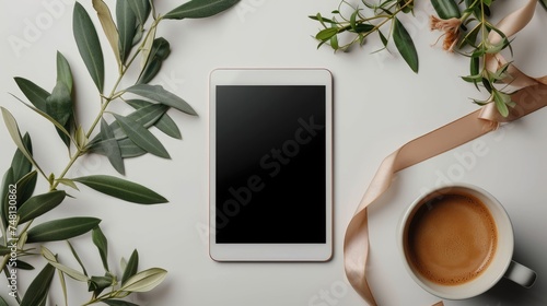 mock-up top view shot tablet empty screen with coffee cup, beige ribbon, and olive leaves branch in white table background photo